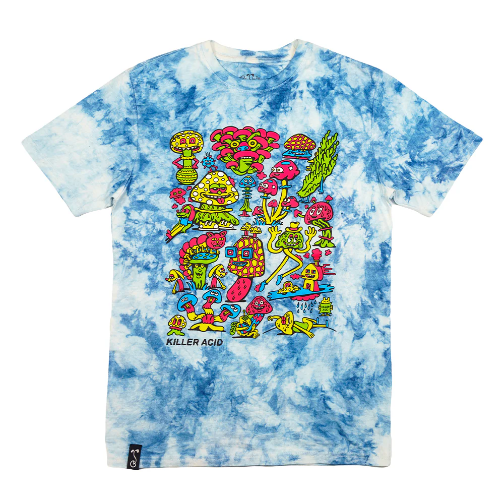 Grassrootsclothing67aa2f375b63f067aa2f375bbd5.2504601267aa2f375bbd5.jpg KILLER ACID MUSHROOM BLUE TIE DYE T SHIRT - Image 1
